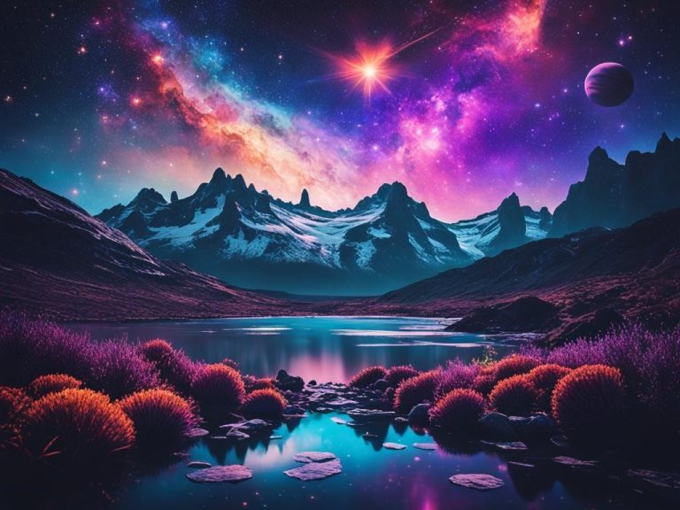 An otherworldly scene featuring vibrant colors and intricate details of deep-sky objects found within the Corvus constellation. A blend of warm and cool tones convey a sense of celestial energy, while playing with varying levels of opacity to create a dreamy, ethereal effect. Shapes and patterns reminiscent of stars and galaxies weave them together to form a stunning display against a dark, starry background. This image transports us to another dimension, offering a glimpse into the vast mysteries of the universe.