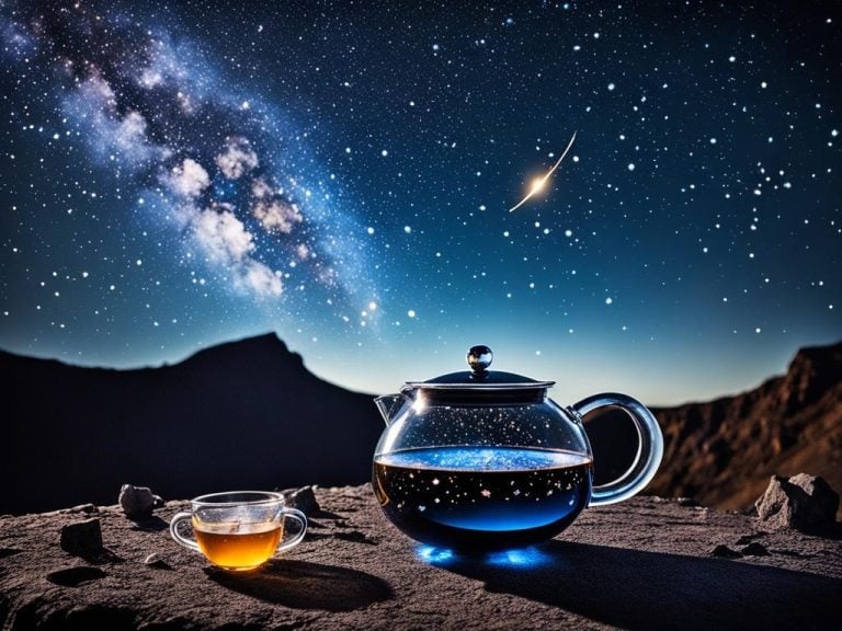 The Crater Constellation appears as a giant teapot pouring starry tea into the sky, with smaller constellation cups formed by neighboring stars. Crater is one of the dimmest constellations in the sky, but has significant astronomical importance, such as being the location of a massive black hole. Shooting stars seems to be spilling sugar into the teapot or a moon cookie alongside the constellation cups.