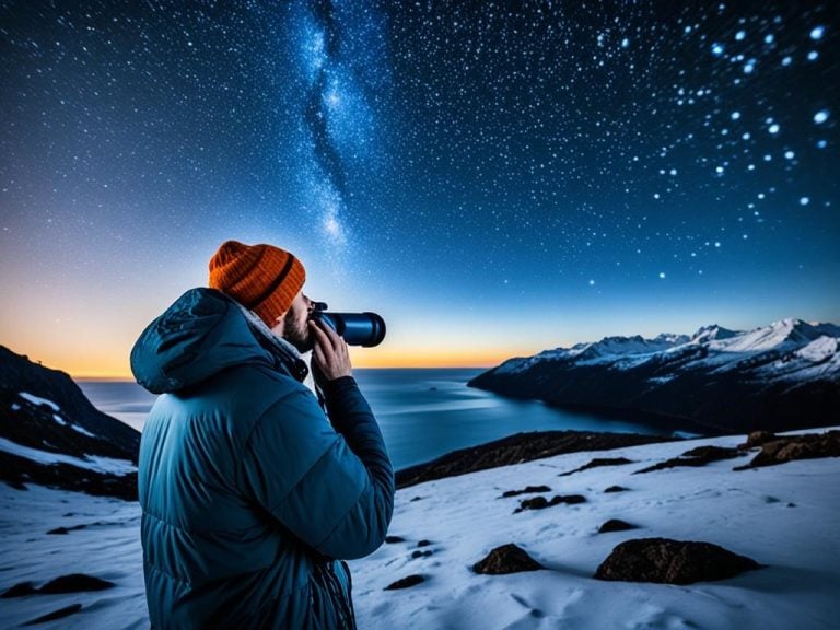 Create an image of a person gazing up at the stars in the Delphinus constellation. The night sky is dark and clear, with twinkling stars scattered throughout. The person is bundled up in warm clothes, and their face is illuminated by the light of the stars. In the foreground, there is a telescope and a notebook for taking notes on what they observe. The image should convey a sense of wonder and awe at the beauty of the universe.