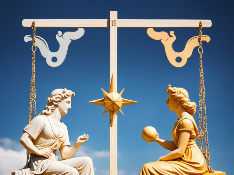 statues representing Gemini and Capricorn compatibility sit on a scale facing eachother. He holds a ring and she holds a gold sphere. The sun is between them