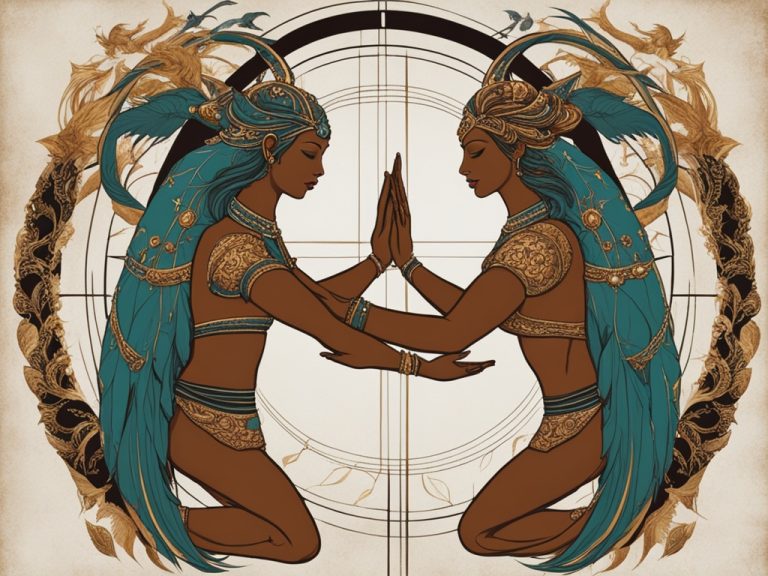 A pair of asian woman are shown representing gemini and capricorn compatibility. Their shapes create a circle and they are touching their palms and arms.