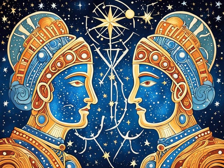 Illustration shows a pair of celestial twins looking at eachother. Each twin has a city on their head. A golden star is in the sky between them.