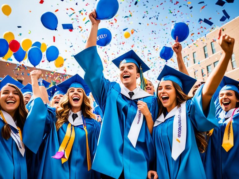 A group of young people have just graduated. The graduates are all dressed in blue cap and gown. They are cheering and smiling. There are blue and yellow baloons overhead plus confetti. Two men and three women are prominently shown.