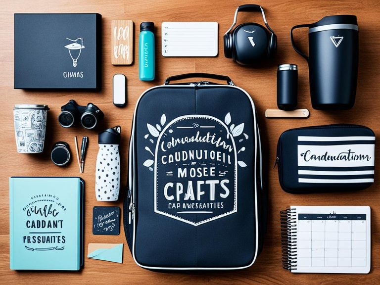 A wooden table filled with graduation gift ideas for a young person. These gifts have a blue and white theme. The items include a backpack, insulated water cups, calendar, notebook, and similar items.