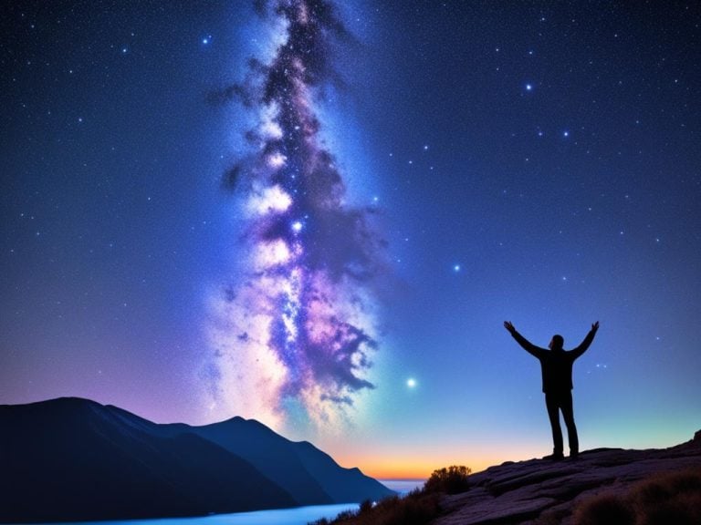 The silhouette of a man standing on a cliff overlooking the water and mountains on the other side. It is night time. In front of him we see the glow from the setting sun. The Milky Way is in front of him and he is raising his hands to welcome it. The night sky is a beautiful blue and the Milky Way appears purple and white.