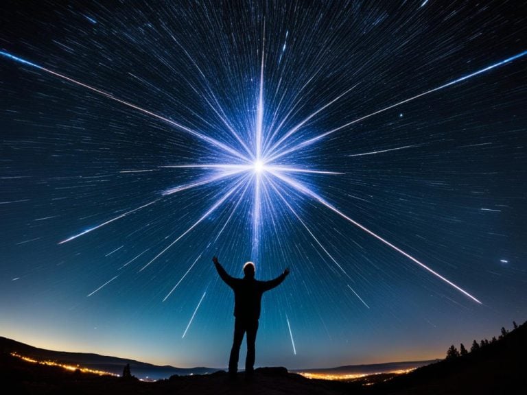 This is a fanciful image. A man is facing a bright exploding star in the night sky. He is standing on an overlook and the lights of the city below can be seen shining. The huge star is in the center of the image and the man appears happy and excited to welcome it. It may be intended to represent a supernova explosion.