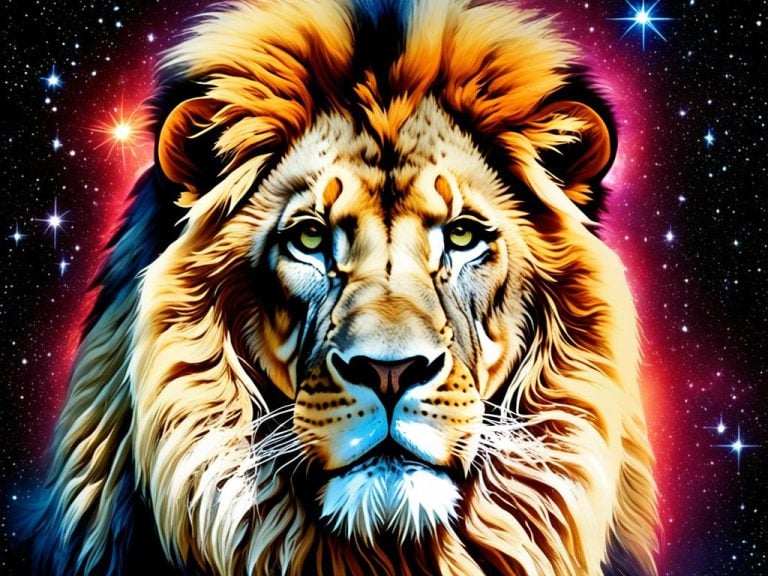 Image of a handsome male lion representing Leo. The background is a starry night sky. There is a red glow around the lion.