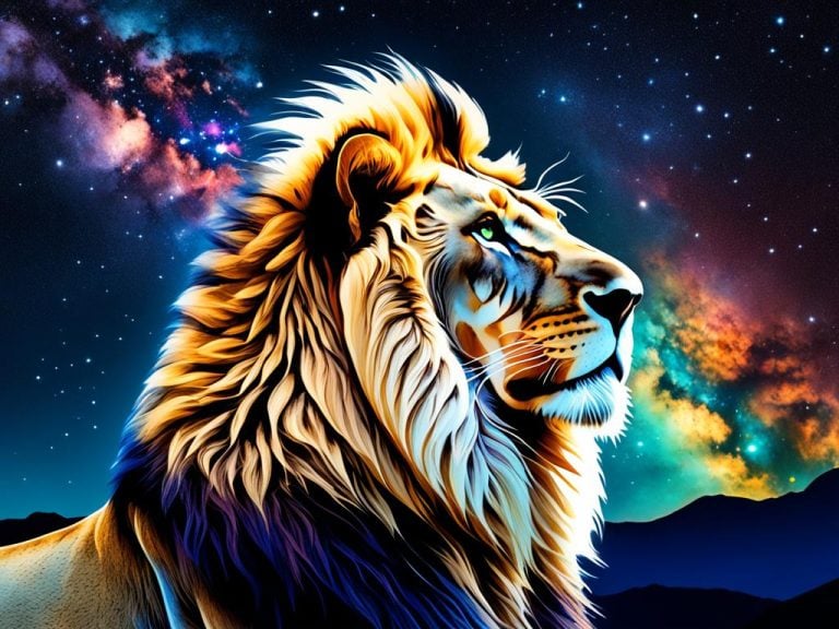 Profile view of a proud male lion looking up toward the stars. Behind the lion we see a colorful night sky. The Milky Way constellation is in the sky. The lion has gold fur and the Milky Way has pink, orange, green and gold colors.