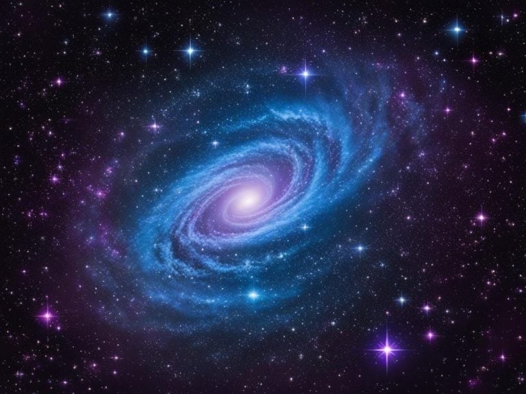 Artists representation of a barred spiral galaxy. The night sky behind it is purple and black with many beautiful stars. The arms of the galaxy are purple and blue. Many of the stars shown are purple and blue with rays of starlight.