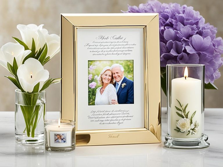 A gold framed picture of an older couple taken at a happy family event is now framed as part of a memorial tribute. There are 2 candles and flowers around it.