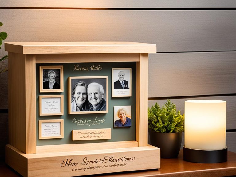 A wooden memorial display plaque shows family pictures. There is a memorial candle and a plant.