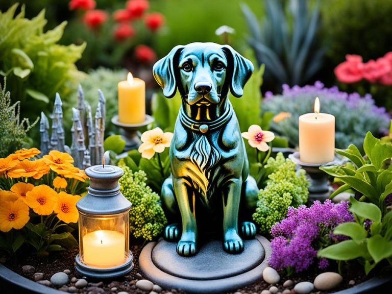 A memorial statue of a dog with floppy ears is in a garden surrounded by plants, flowers, and memorial candles.