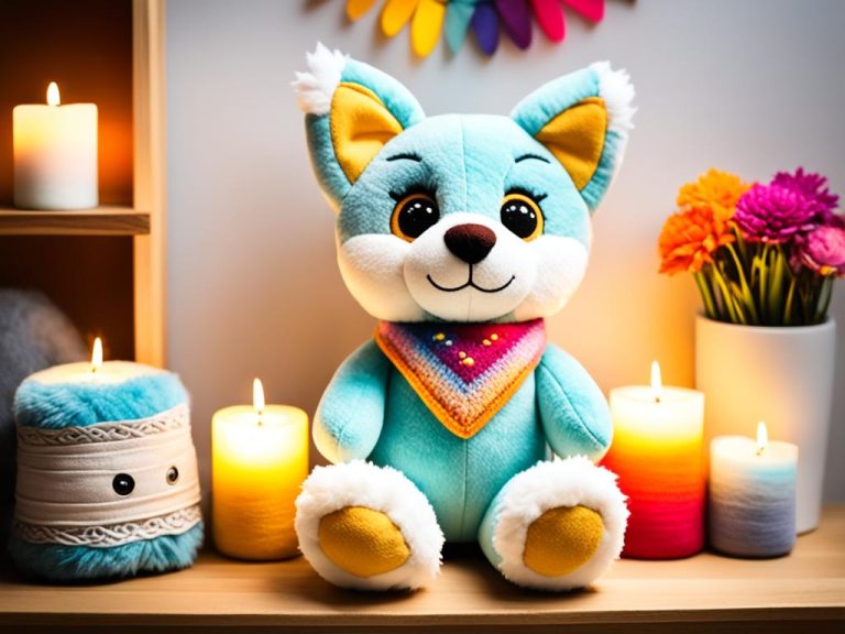 A blueish colored stuffed dog is seated on a shelf with candles and flowers. The dog toy is wearing a multi-colored kerchief and is smiling.