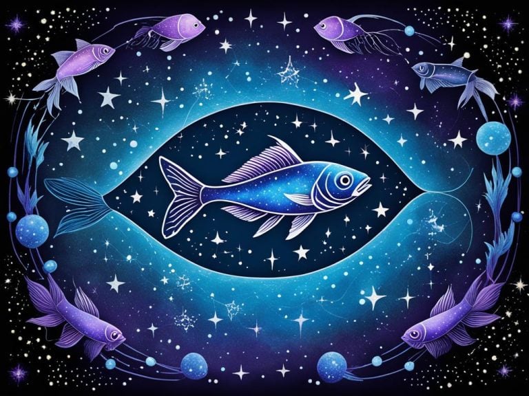 fanciful image of a decorative fish to represent the fishes of Pisces. The background is a blue starry sky. The fish is in the middle of the image and there are purple fish swimming around it.