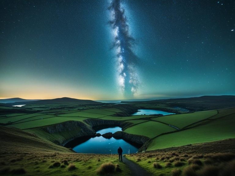 A man stands alone on a hilly landscape. He looks over lakes toward the night sky. The Milky Way galaxy is rising on the horizon. The sky is blue, the hills are green, and the man is shown as a silhouette.