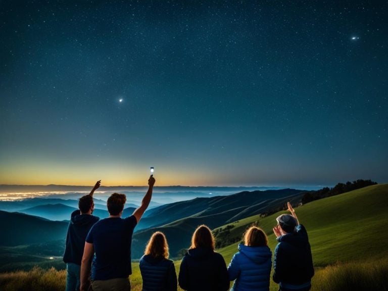 A group of three man and three women are looking at stars. 3 members of the group point toward stars and planets in the night sky. There are hills and fog in the distance.