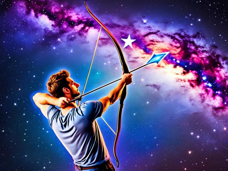 A bearded man in a tshirt and jeans is shown with a bow and arrow. He is showing his mastery with a trick shot. The arrowhead glows like a diamond. In the background is a beautiful night sky filled with stars