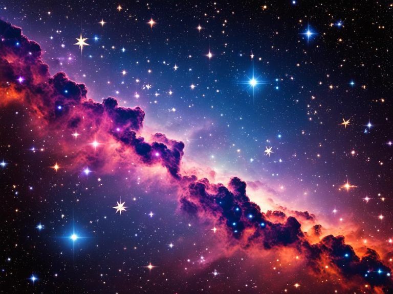 An imaginative illustration of the Milky Way Galaxy shows stellar clouds and different shapes and colors of stars. The sky is dark blue and the Milky Way is represented in pink, orange, and purple.