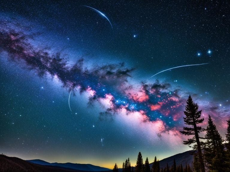 The Milky Way stretches across the sky. In the foreground there are pine trees and low mountains. The sky is dark blue but the Milky Way is bright and colorful. There are streaks of meteors flying through the sky.
