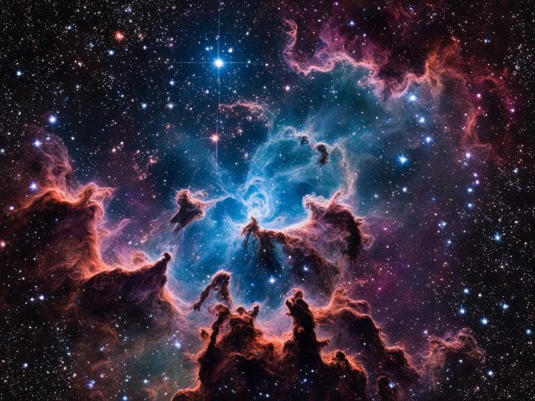 Many multicolored nebulae deep in space. The clouds of gas and dust are blue and red. There are bright stars all around. There in a single large star near the top of the image.
