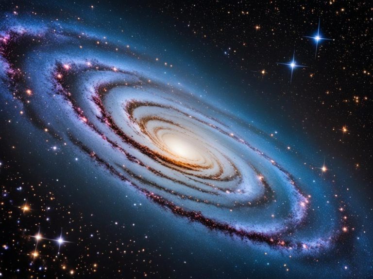 Artists representation of a disc shaped spiral galaxy. The night sky behind it is black with many beautiful stars. The arms of the galaxy are blue with some red and dark areas. The center of the galaxy is a fiery yellow.