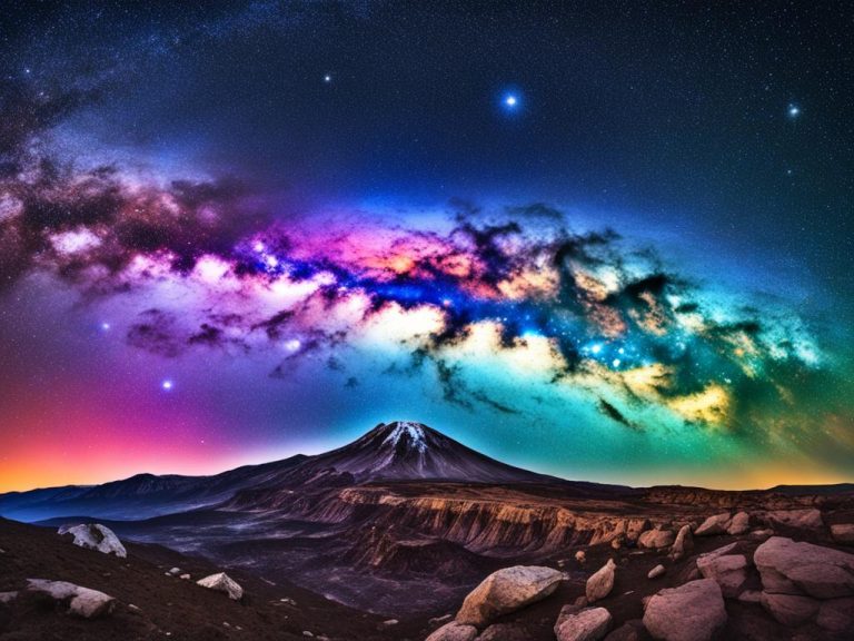 A colorful band of stars extends over a mountainous terrain. A snowy mountain that looks like a volcano stands in the middle. Above it the Milky Way has all the colors of the rainbow. there are several bright stars in the sky.