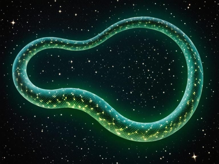 Artists depiction of an infinity snake. The body of a green snake has no beginning or end. It has no tail or head, but instead forms a giant scaley loop. It is suspended in space. The black sky behind it is filled with stars.