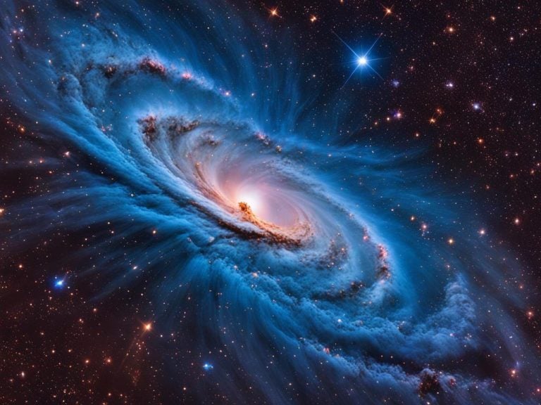 Dramatic depiction of a swirling spiral galaxy with many clouds of stellar gas. This chaotic image is viewed from the side. The night sky behind it is black with stars in many colors. The gassy arms of the galaxy are blue. The center of the galaxy is a fiery yellow.