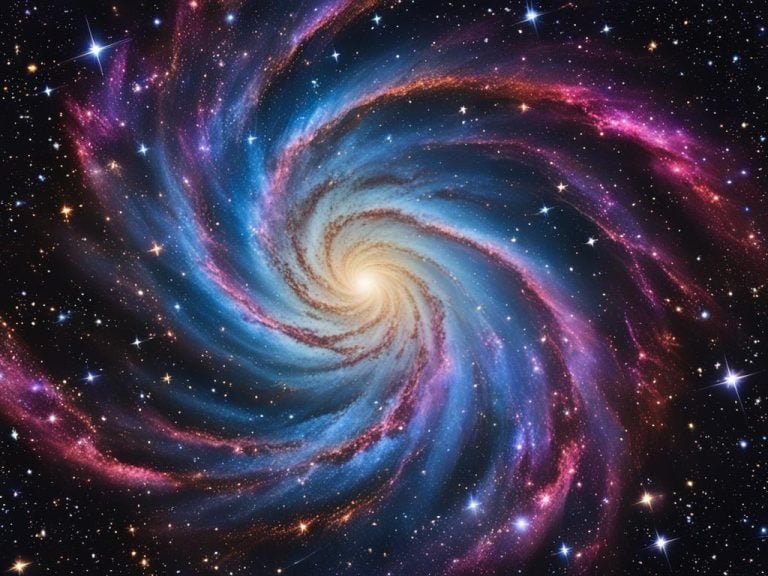 colorful depiction of a barred spiral galaxy viewed from above. The night sky behind it is black with many beautiful stars. The arms of the galaxy are purple, red and blue. The center of the galaxy is a fiery yellow.