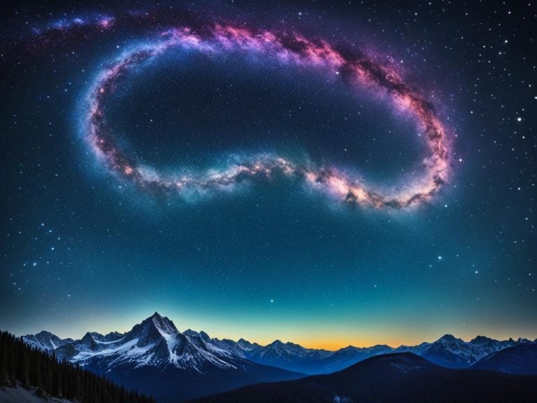artists rendition of a magical ring of stars suspended over a snowy mountain range. The ring of stars looks like the Milky Way. The stars in the night sky are white. There is an orange glow behind the mountain range.