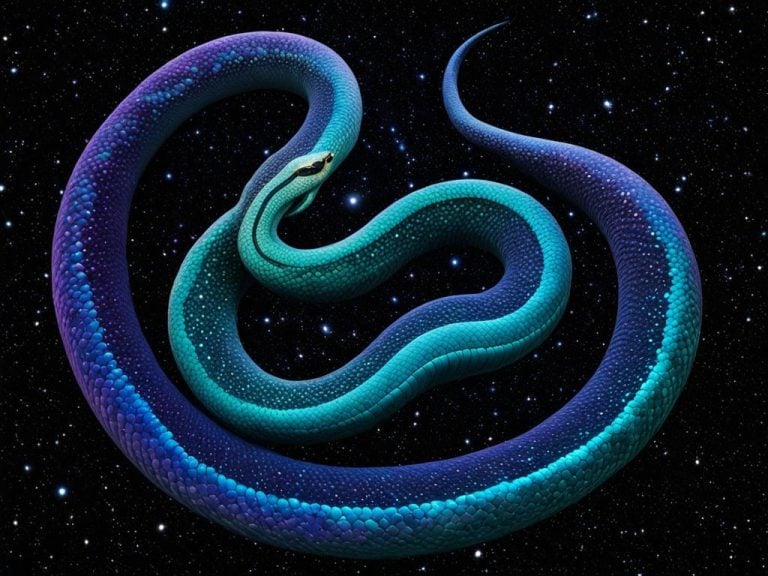 A giant snake is floating in space. The snake is blue and green. Behind it is a black sky with many stars.