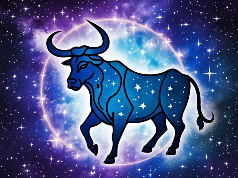 illustration of the zodiac sign taurus the bull. A blue bull is depicted on a blue night sky with a white circle in the background. the circle and the bull appear to glow in front of the starry sky.