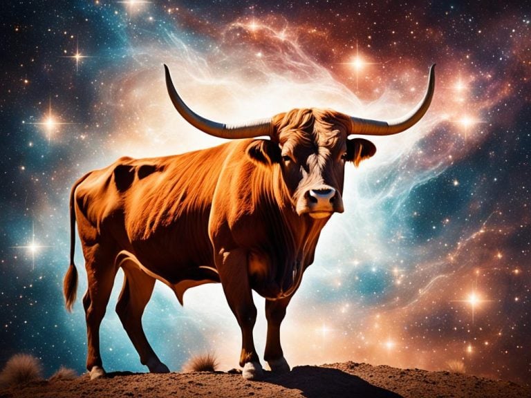 A realistic looking longhorned bull stands on a rocky plane looking subborn. Behind the bull we see a beautiful starry sky with many stars and nebula.