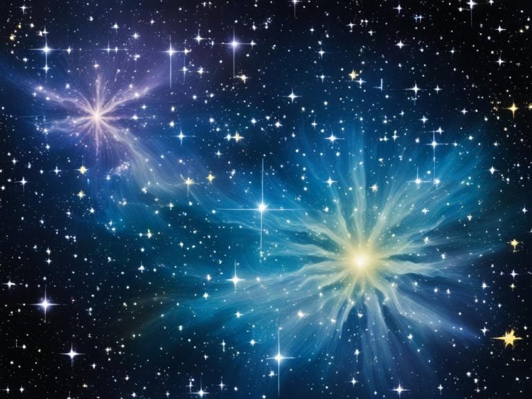 A fanciful depiction of two imaginary nebulae shaped like flowers or starfish on a night sky background. The sky is dark blue with many stars. The nebula images have long wispy arms. One nebula is pink and the other is yellow.