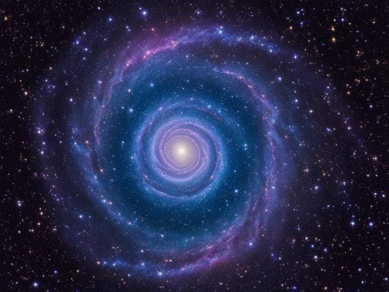 Fantasy swirl of stars looks like a spiral galaxy. The swirl is is blue and purple with a white-yellow center. This night sky is dark purple with many stars.