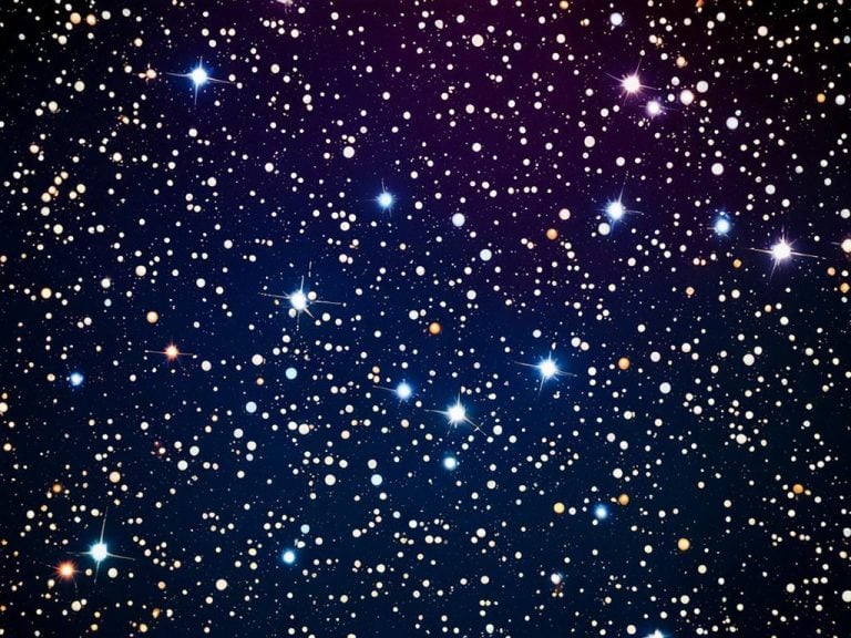 A Purple and Blue night sky populated by many stars. Some of the stars appear round like polka dots, while others are emitting rays of light. Star colors include white stars, gold stars, red stars, and blue stars.