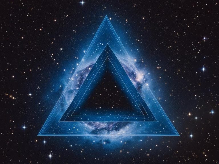 A fantasy image of the Triangulum constellation. A bright blue triangle of light is shown on a dark blue night sky surrounded by stars.