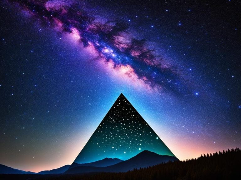 Illustration of pyramid filled with stars is shown rising from the Earth under an bright night sky. This fantasy image also includes hills, trees, and a idealized version of the Milky Way Galaxy.