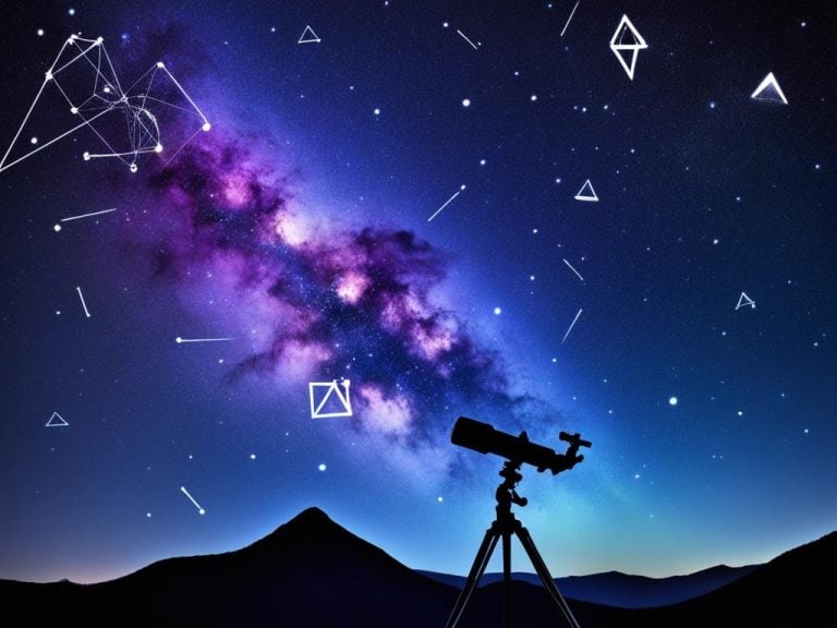 Fantasy image of a telescope under a bright blue and purple night sky covered in geometric shapes.