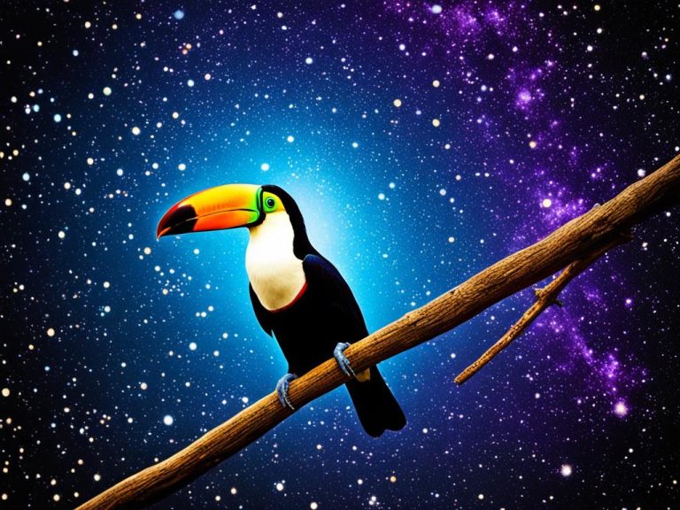 A colorful toucan with an orange and yellow bill sits on the branch of a tree. Behind the bird is a colorized night sky in purple and blue. There is a glow around the toucan.