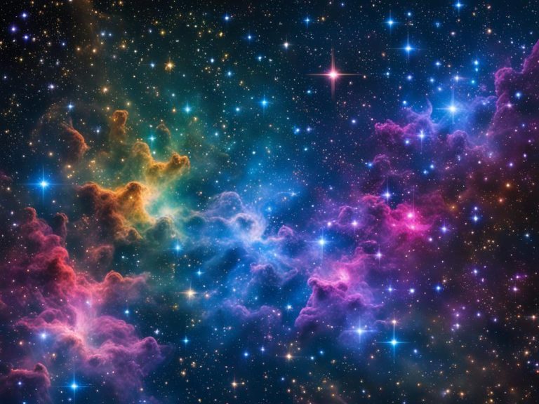 A colorful depiction of nebulae in the night sky. The sky is filled with bright stars. Puffs of gas and stellar dust created by dying stars are colored in pink, purple, yellow, and green.