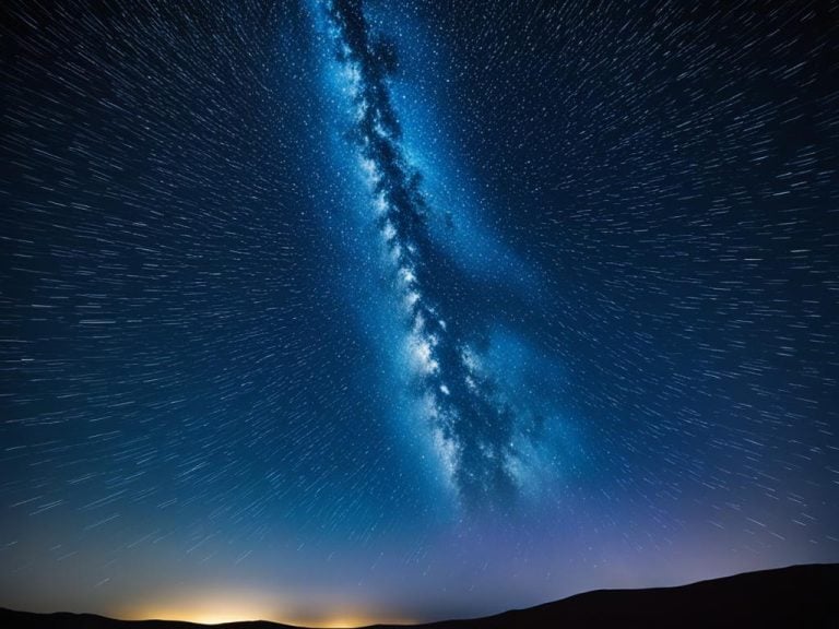 Artist's imaginary depiction of a bright night sky with a band of stars. The stars elongate as they radiate from the center. Unlike streaks of stars that might be seen via timelapse photography, the streaks radiate as they would during a meteor shower rather than following the same direction.
