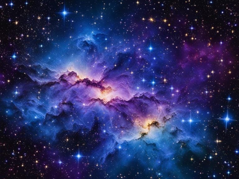 fantasy image of nebulae in the night sky. The sky is filled with bright stars. Puffs of gas and stellar dust created by dying stars are colored in purple, yellow, and blue.