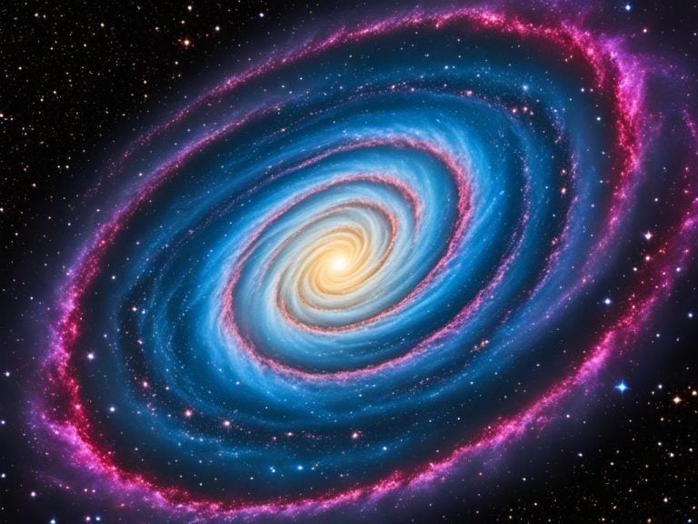 Artists representation of a tightly wound spiral galaxy. The night sky behind it is black with many beautiful stars. The arms of the galaxy are red and blue. The center of the galaxy is a fiery yellow.