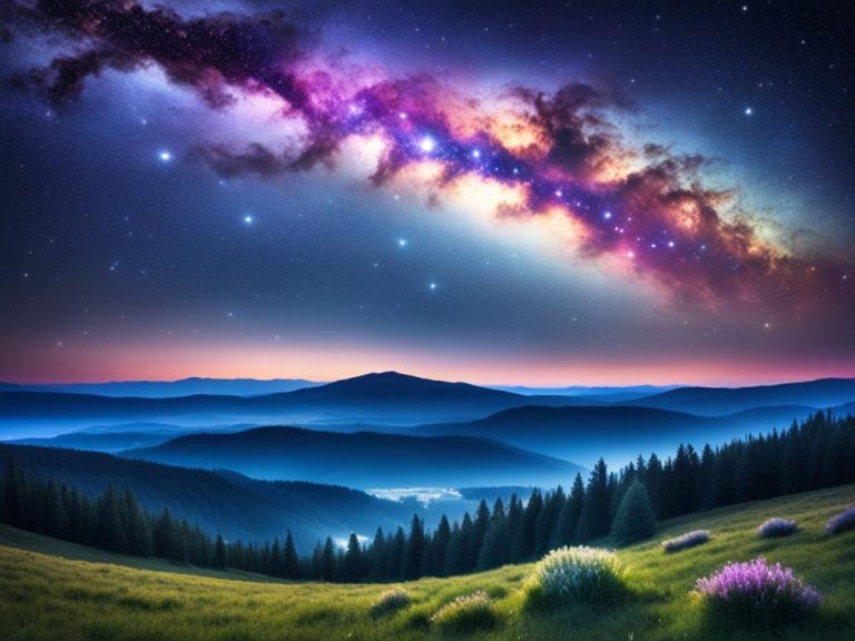 Fantasy image of the Milky Way over land. In the night sky the band of stars is shown in orange, pink, purple, and dark blue. Below, there are stylized mountains and water. In the foreground, there is a grassy hill with puffs of purple and white flowers. At the edge of the grassy area, there are pine trees.