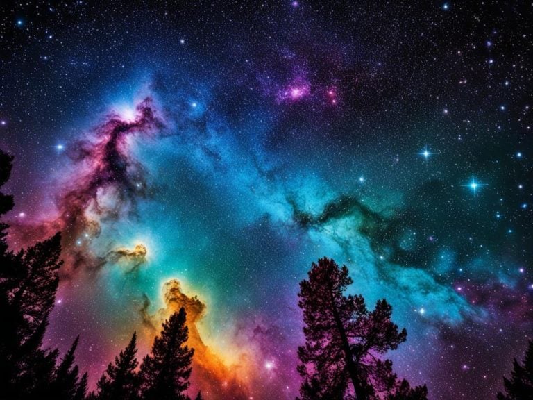 Fantasy image of nebulae in the night sky if they appeared large over the Earth. The colorful sky is filled with nebulae colored in pink, orange and blue. In the forground there are the silhouettes of pine trees.