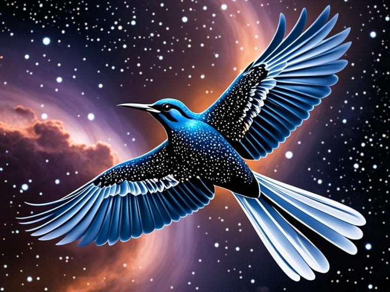 A spotted bird flys overhead against a starry night sky. The bird is black and blue iwth a white tail. The sky is black orange and pink.