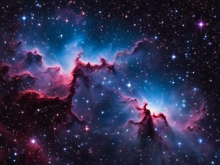 Artist's impression of nebulae in the night sky. The sky is filled with bright stars. Puffs of gas and stellar dust created by dying stars are colored in pink, purple, and blue.