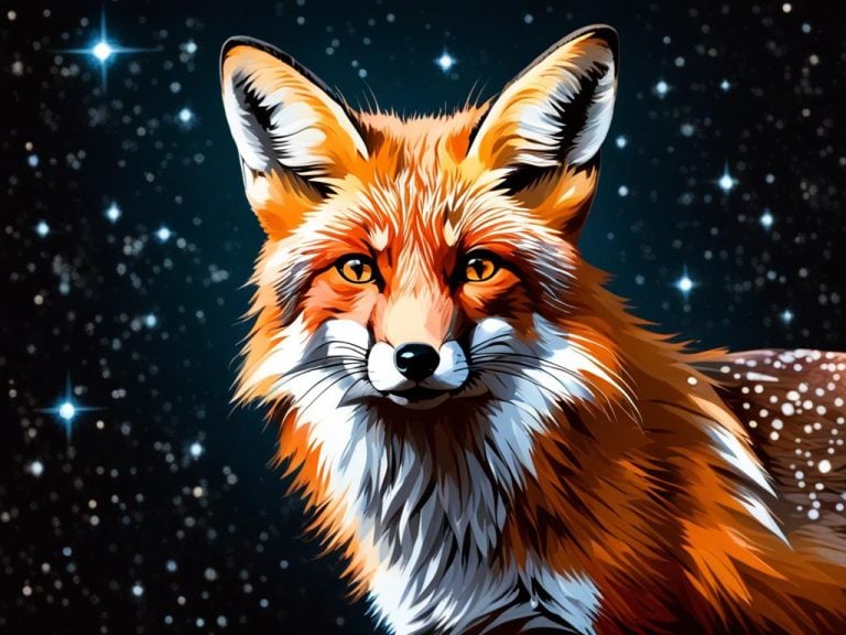 colorful drawing of an alert red fox. The fur of the fox is orange, white, brown, and black. It looks at the viewer intently. The night sky behind the foz is black with white stars.