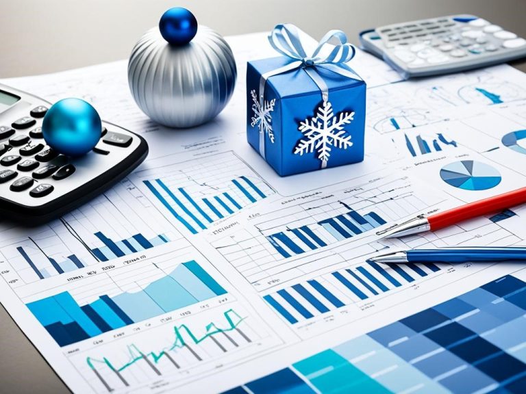 An analytical Christmas gift guide, featuring objects that represent logical thinking and problem-solving skills. Think charts, graphs, calculators, rulers, and other tools that can help an analyst excel in their field. The color scheme is cool and calming, with shades of blue and grey dominating the image. seasonal elements, like snowflakes or pine trees, give the image a festive touch.